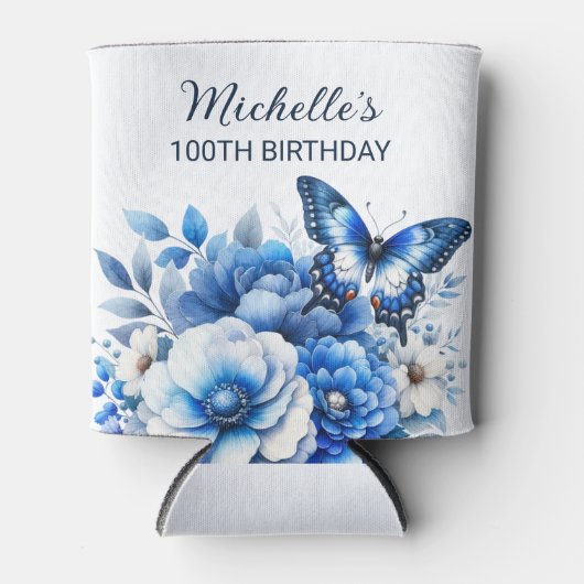 Rafraîchisseur Pour Canette Fleurs papillons bleues Élégant 100e anniversaire (Devant)