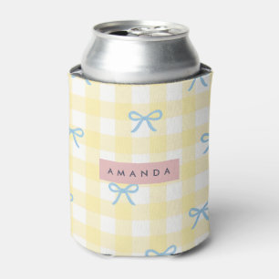Rafraîchisseur Pour Canette Gingham Jaune Personnalisé & Nœud Bleu Pastel