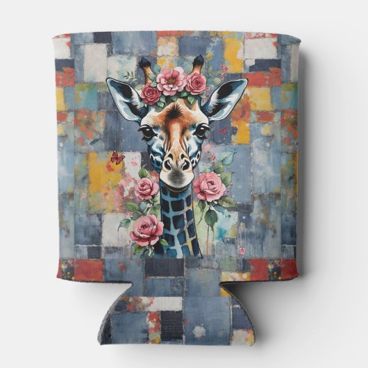 Rafraîchisseur Pour Canette Giraffes Floral sur Retro Denim Patchwork (Dos)