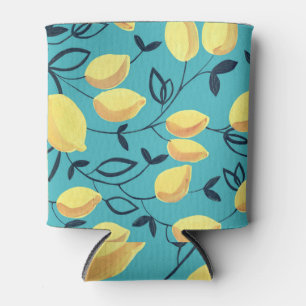 Rafraîchisseur Pour Canette Gouache de citron jaune motif sur turquoise.
