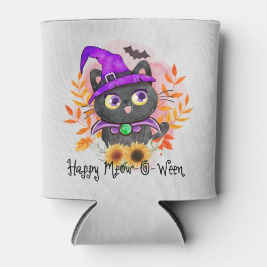 Rafraîchisseur Pour Canette Happy Meow-o-ween -Chat Sorcière Noire (Devant)