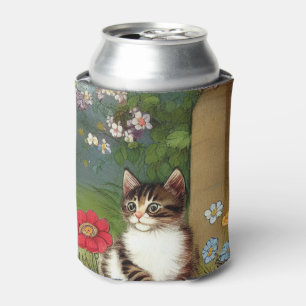 Rafraîchisseur Pour Canette Illustration vintage de chat avec fleurs de printe