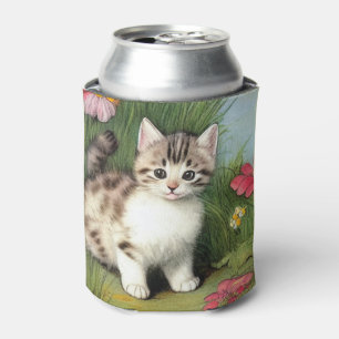 Rafraîchisseur Pour Canette Illustration vintage de chat avec Fleurs rouges
