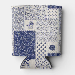 Rafraîchisseur Pour Canette Indigo Bleu Beige Floral Patchwork