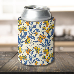 Rafraîchisseur Pour Canette Jaune Orange Floral Vintage Bleu Feuille