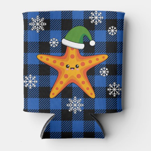 Rafraîchisseur Pour Canette Kawaii Xmas Starfish sur Blue Buffalo Motif (Devant)