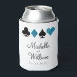 Rafraîchisseur Pour Canette Las Vegas Mariage Can Cooler Faver en Turquoise<br><div class="desc">Parfait pour vos invités ou cadeau à votre fête de mariée, ces refroidisseurs blancs peuvent présenter un motif Las Vegas classique de faux costumes de carte de parties scintillant turquoise et deux côtés avec beaucoup de texte personnalisable. Marquez votre journée spéciale avec les noms de la mariée et du marié,...</div>