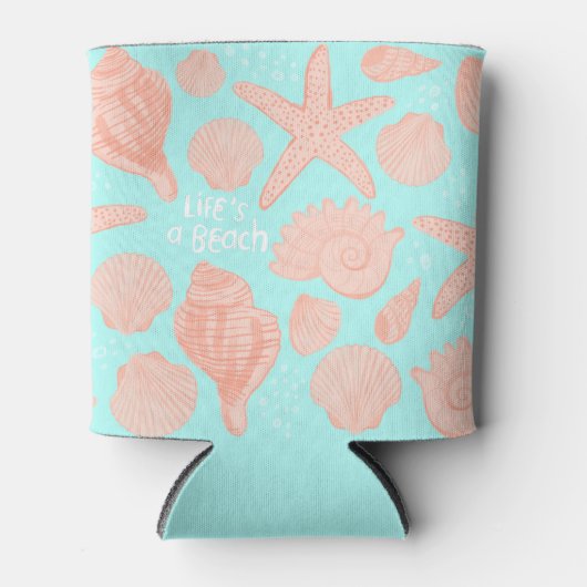 Rafraîchisseur Pour Canette LIFE'S A BEACH seashells rose bleu motif (Devant)