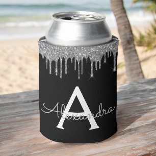 Rafraîchisseur Pour Canette Luxueux Paillettes Argent Noir Monogramme Nom