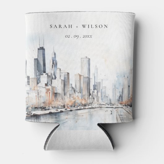 Rafraîchisseur Pour Canette Mariage d'aquarelle de Chicago, Illinois City Scap (Devant)