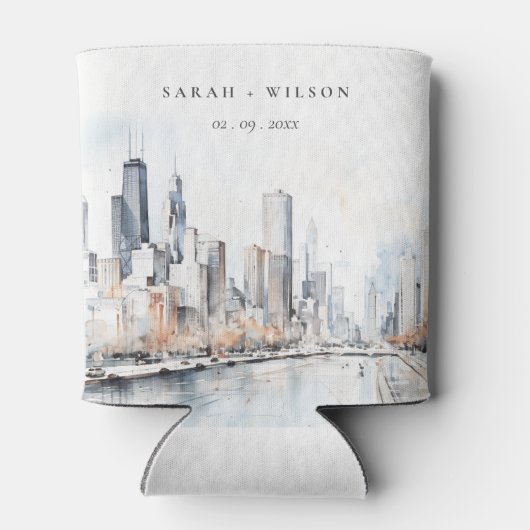 Rafraîchisseur Pour Canette Mariage d'aquarelle de Chicago, Illinois City Scap (Dos)