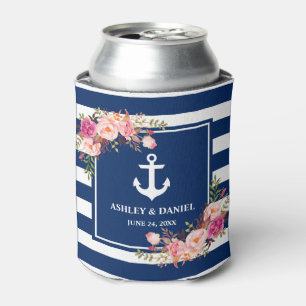 Rafraîchisseur Pour Canette Mariage floral rose rayé bleu marine