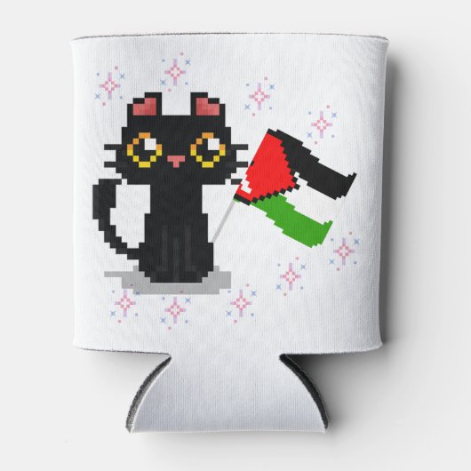 Rafraîchisseur Pour Canette mignon chat noir tient drapeau de la Palestine (Devant)