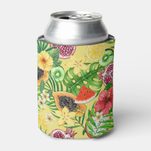 Rafraîchisseur Pour Canette Mix-fruit tropical, fleurs et feuilles sur jaune
