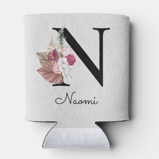 Rafraîchisseur Pour Canette Monogram Pink Boho Girly Floral Initial N (Dos)