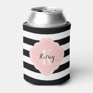 Rafraîchisseur Pour Canette Monogramme à rayures de preppy noir et rose