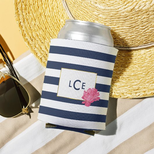 Rafraîchisseur Pour Canette Monogramme de la marine en bande et en pivoine ros