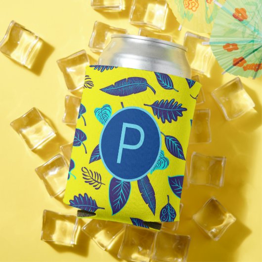 Rafraîchisseur Pour Canette Monogramme de Motif de feuille tropicale jaune vif (Été in situ)