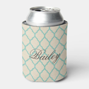 Rafraîchisseur Pour Canette Monogramme en lin rustique Beige et Aqua Quatrefoi