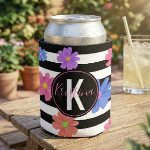 Rafraîchisseur Pour Canette Monogramme floral à rayures noir et blanc tendance