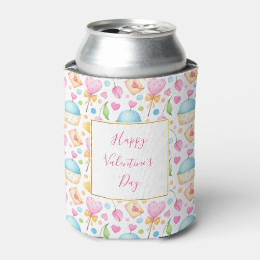 Rafraîchisseur Pour Canette Motif d'aquarelle douce Coeurs et Cupcakes (Can devant)