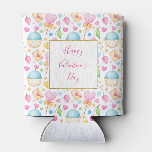 Rafraîchisseur Pour Canette Motif d'aquarelle douce Coeurs et Cupcakes (Dos)