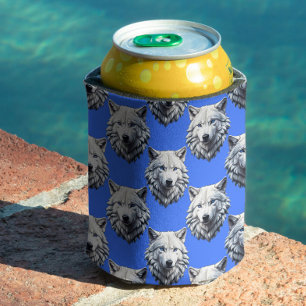 Rafraîchisseur Pour Canette Motif de tête de loup blanc Design bleu