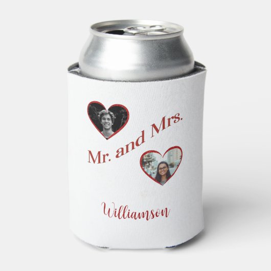 Rafraîchisseur Pour Canette Mr. and Mrs. Custom Last Name Photo Double Hearts  (Can devant)
