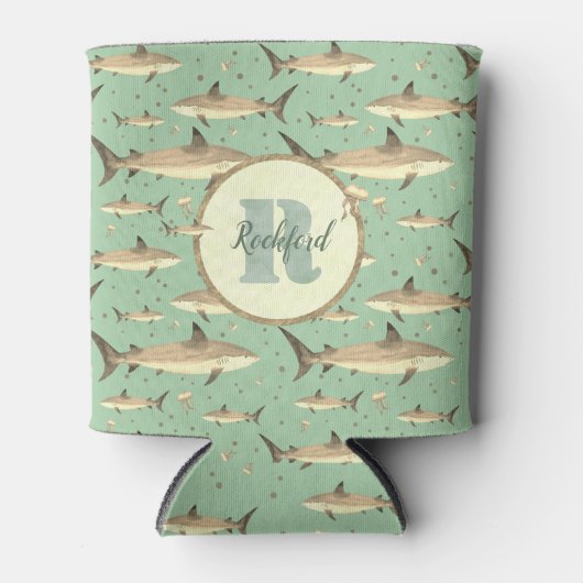 Rafraîchisseur Pour Canette Nom + Aquarelle Monogramme 🌊 🐋 requin vert (Devant)