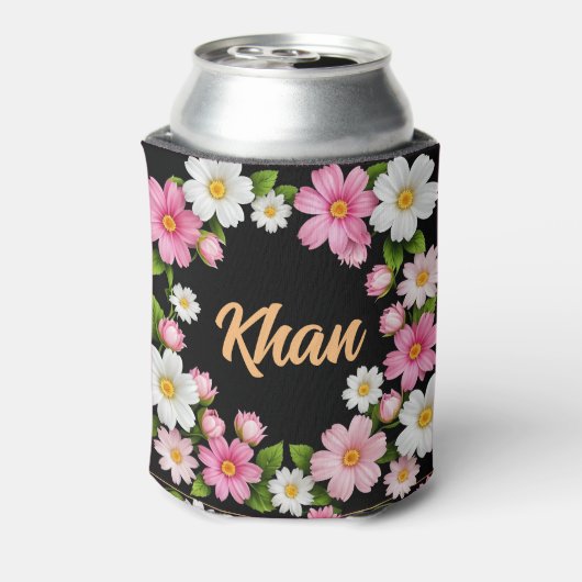 Rafraîchisseur Pour Canette Nom devant les fleurs blanches et roses (Can Dos)