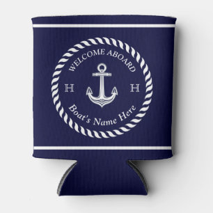 Rafraîchisseur Pour Canette Nom du bateau nautique Ancre Corde Marine Bleu Bla