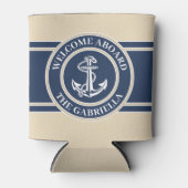 Rafraîchisseur Pour Canette Nom Du Bateau Personnalisé Ancre Blanche Sur Sable (Devant)