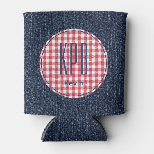 Rafraîchisseur Pour Canette Nom Monogramme Imprimé Gingham Bleu Foncé en Denim (Devant)