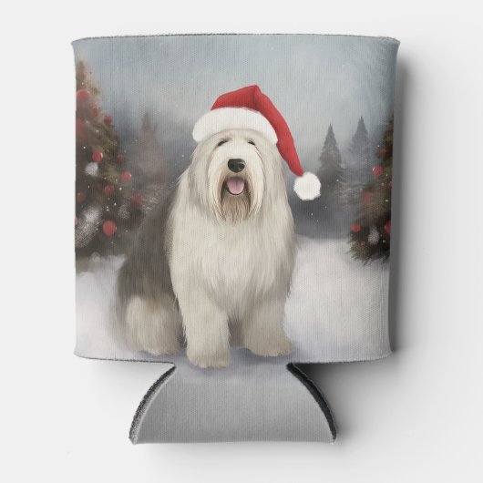 Rafraîchisseur Pour Canette Old English Sheepdog en Noël de neige (Devant)