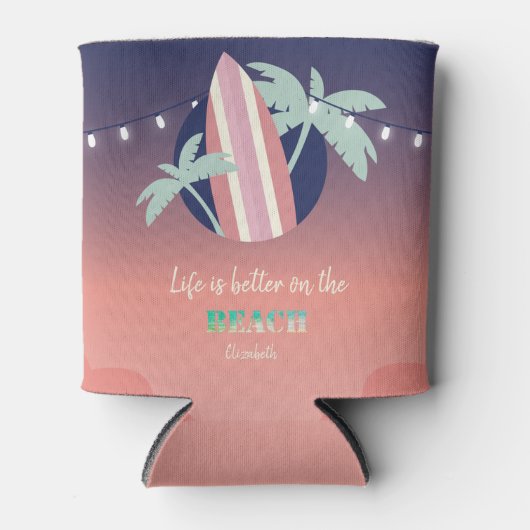 Rafraîchisseur Pour Canette Palmiers, Surf, Plage String Lights (Devant)