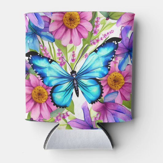 Rafraîchisseur Pour Canette Papillon bleu dans un champ de fleurs (Devant)