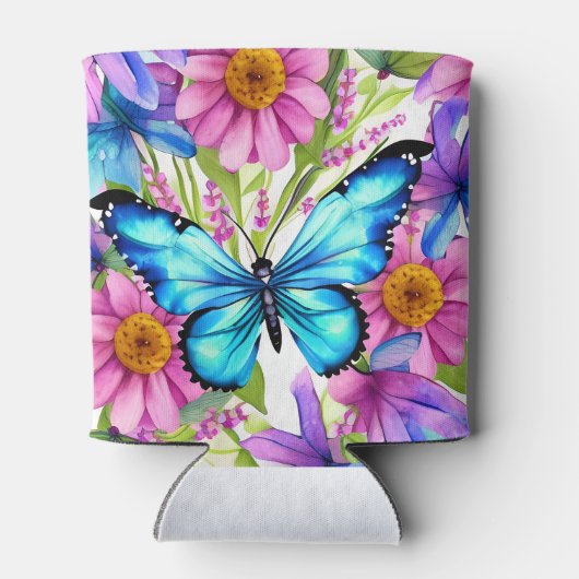 Rafraîchisseur Pour Canette Papillon bleu dans un champ de fleurs (Dos)