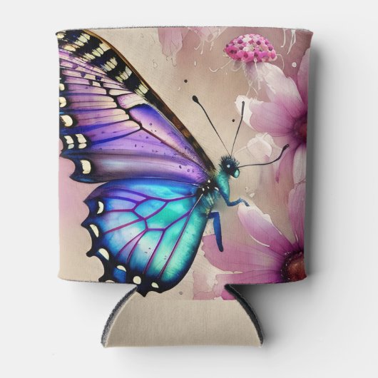 Rafraîchisseur Pour Canette Papillon bleu étonnant et fleurs roses (Devant)