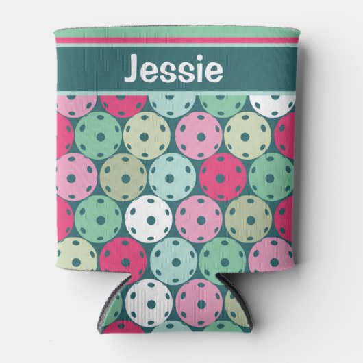 Rafraîchisseur Pour Canette Pastel Pickleballs sur vert foncé, avec nom (Devant)