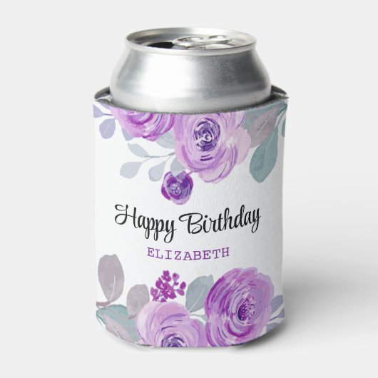 Rafraîchisseur Pour Canette Pastel Purple Rose Verdure Joyeux Anniversaire (Can devant)