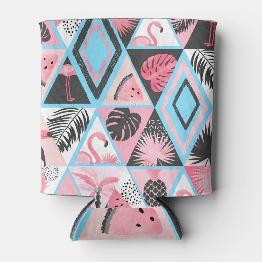 Rafraîchisseur Pour Canette Patchwork flamingo tropical, motif de palmier. (Devant)