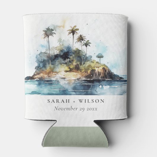 Rafraîchisseur Pour Canette Paysage Marin Aquarelle Élégant Palmier Île Mariag (Dos)