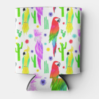 Rafraîchisseur Pour Canette Perroquets colorés, motif dessiné à la main.