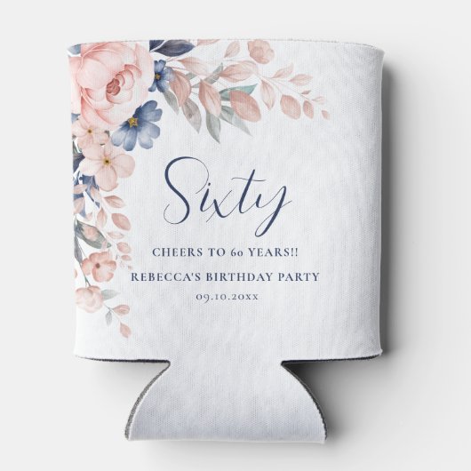 Rafraîchisseur Pour Canette Pink Blue Floral Élégant Script 60e anniversaire (Dos)