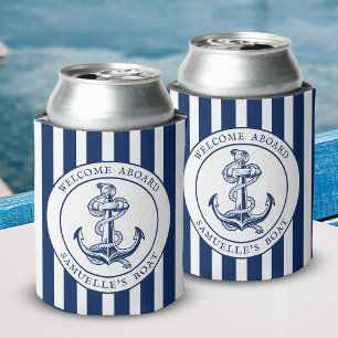 Rafraîchisseur Pour Canette Rayures Bleues de Marine Nom de Bateau Naustique C