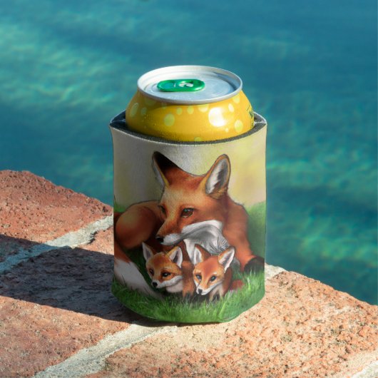 Rafraîchisseur Pour Canette Renard rouge Mère et Kits dans l'herbe (Piscine in situ)