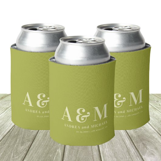 Rafraîchisseur Pour Canette Retro Green & Ivory Monogram Wedding Can Cooler