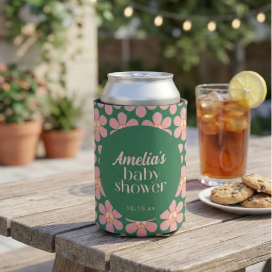 Rafraîchisseur Pour Canette Retro Peace Sign Flower Green Pink Baby Shower