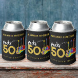 Rafraîchisseur Pour Canette Rock and Roll 50th Birthday Party ajouter Nom<br><div class="desc">50 Rocks 50e anniversaire de la musique guitare personnalisées or typographie moderne peut refroidir avec trois modèles de guitare aquarelle cool sur arrière - plan noir. Une guitare électrique avec un motif coloré et une rampe blanche, une guitare semi acoustique multicolore et une illustration de guitare acoustique classique psychédélique avec...</div>