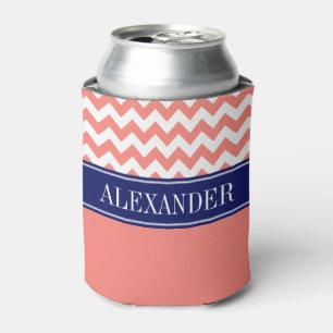 Rafraîchisseur Pour Canette Rose Corail Blanc Chevron CB Navy Monogramme